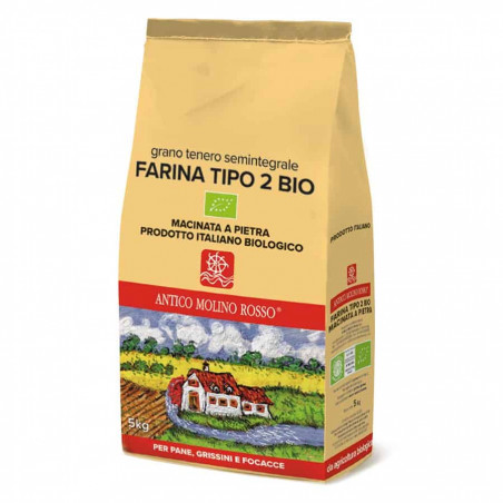 Farina Biologica di Grano Tenero Semintegrale Tipo 2 MACINATA A PIETRA 5 Kg - Antico Molino Rosso