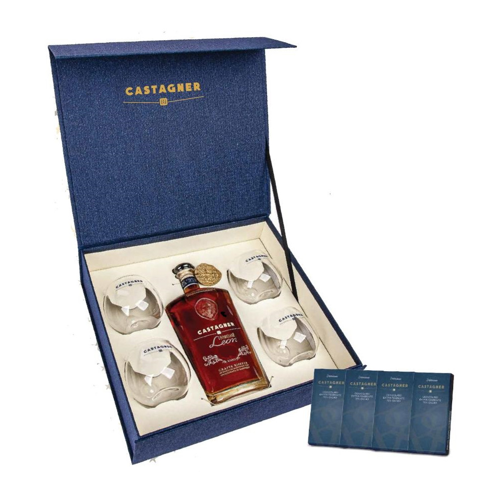 Grappa Maxima Fuoriclasse Leon 14 Anni 70 cl - Gift Box 4 Bicchieri Bolla e 4 Tavolette Cioccolato Fondente - Castagner